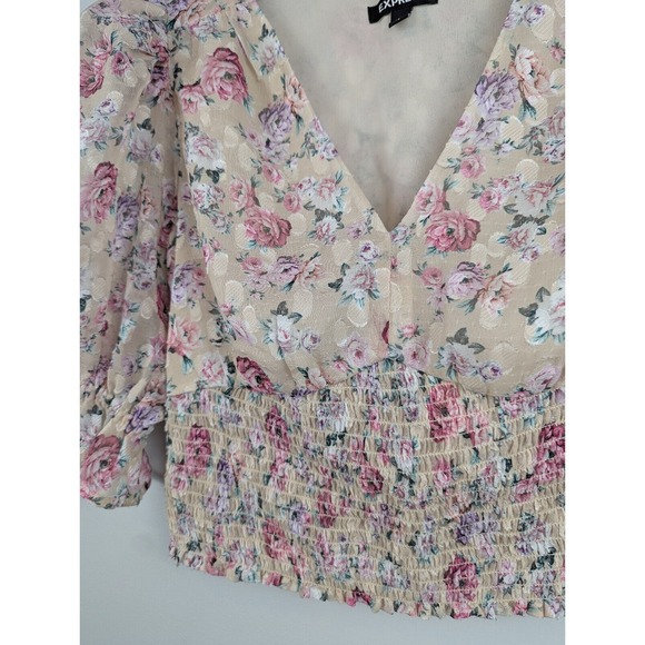 Express Women's Floral Puff Sleeve Smocked V-Neck S Cropped Top Boho Cottagecore - Picture 3 of 9